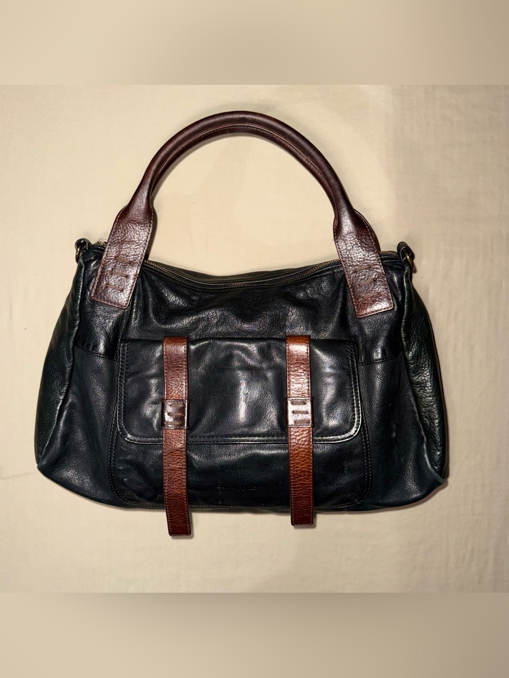 Cynthia Rowley Black Leather Satchel with Brown Trim